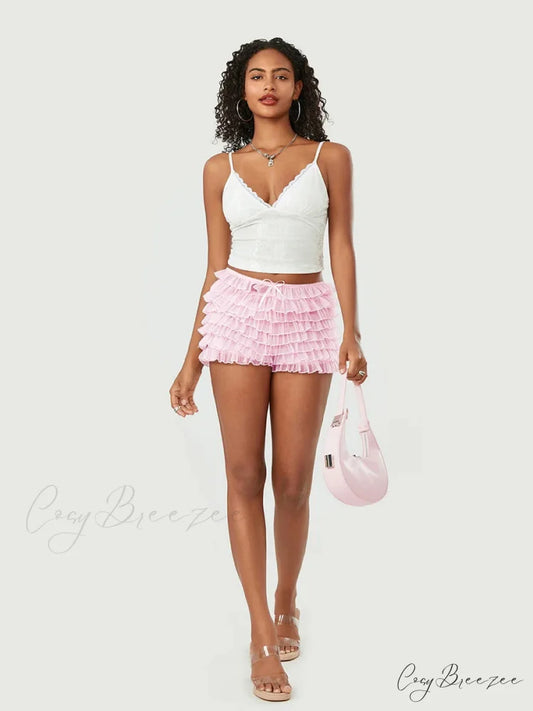 Mesh Bowknot Tiered Ruffle Shorts short-250223