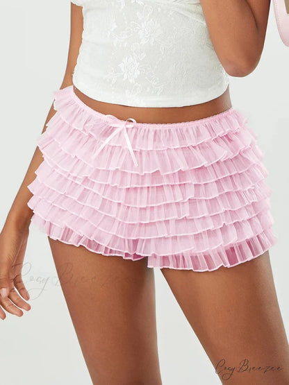 Mesh Bowknot Tiered Ruffle Shorts short-250223