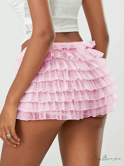 Mesh Bowknot Tiered Ruffle Shorts short-250223