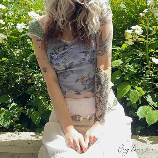 Mesh Floral Square Crop Top Blue / S croptop-250223