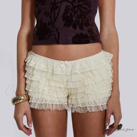 Mesh Lace Bowknot Booty Shorts APRICOT / S short-250223