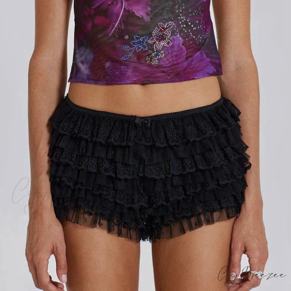 Mesh Lace Bowknot Booty Shorts Black / S short-250223