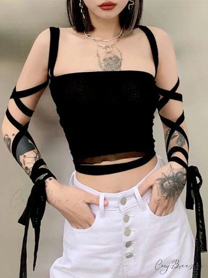 Mesh Lace Up Bandage Fairy Grunge Cyber Y2k Mall Goth Sexy Crop Top Black / S