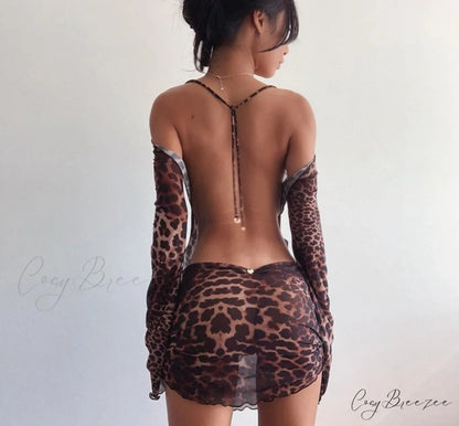 Mesh Leopard Stylish Backless Dress S