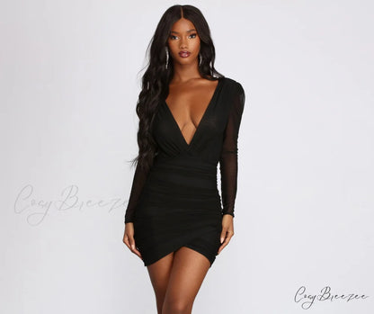 Mesh Long Sleeve Charming Deep V Mini Dress BLACK / S