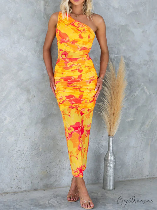 Mesh Overlay Printed One Graceful Shoulder Ruched Stretch Maxi Dress Yellow / S
