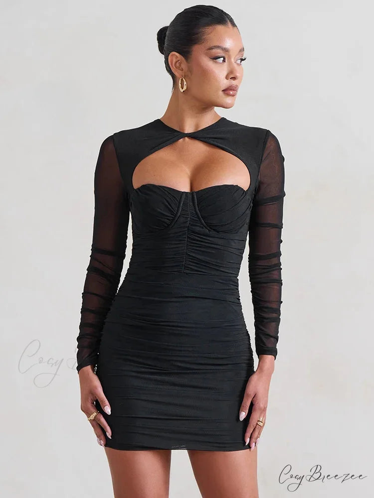 Mesh Pleated Wrap Mini Dress minidress-250223