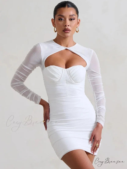 Mesh Pleated Wrap Mini Dress WHITE / S minidress-250223