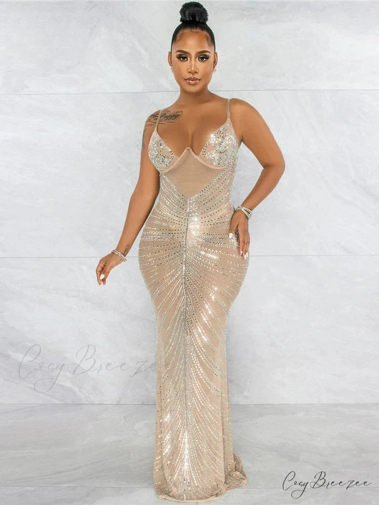 Mesh Rhinestone Maxi Party Dress Apricot / S