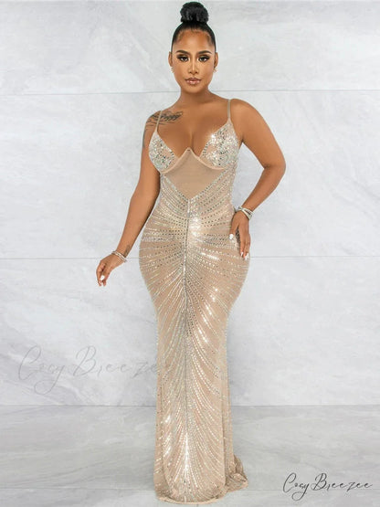 Mesh Rhinestone Maxi Party Dress Apricot / S