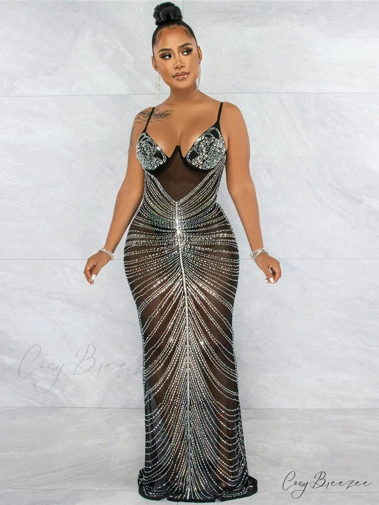 Mesh Rhinestone Maxi Party Dress Black / S