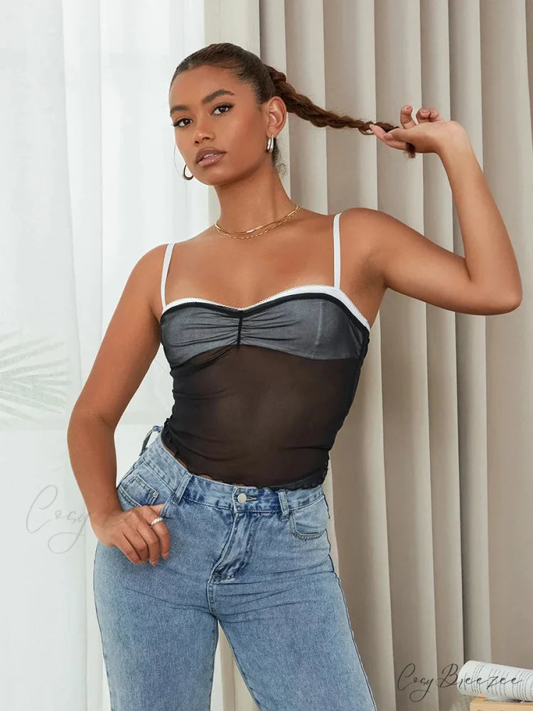 Mesh Ruched Color Block Spaghetti Strap Crop Top BLACK1 / S croptop-250126