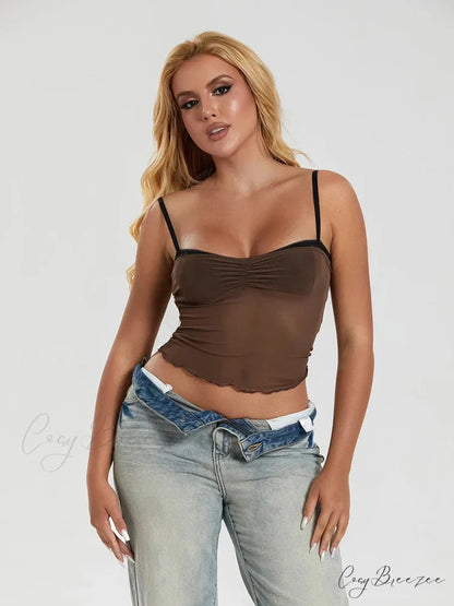 Mesh Ruched Color Block Spaghetti Strap Crop Top croptop-250126