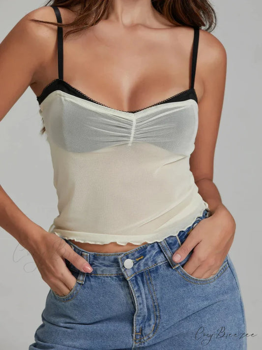 Mesh Ruched Color Block Spaghetti Strap Crop Top croptop-250126