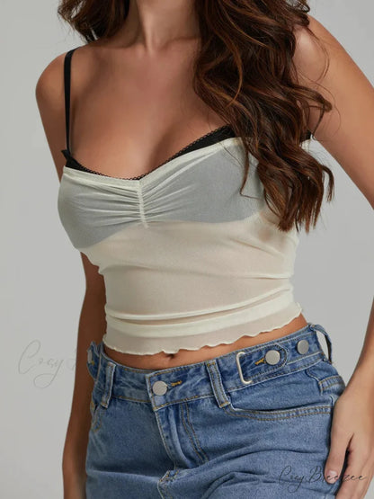 Mesh Ruched Color Block Spaghetti Strap Crop Top croptop-250126