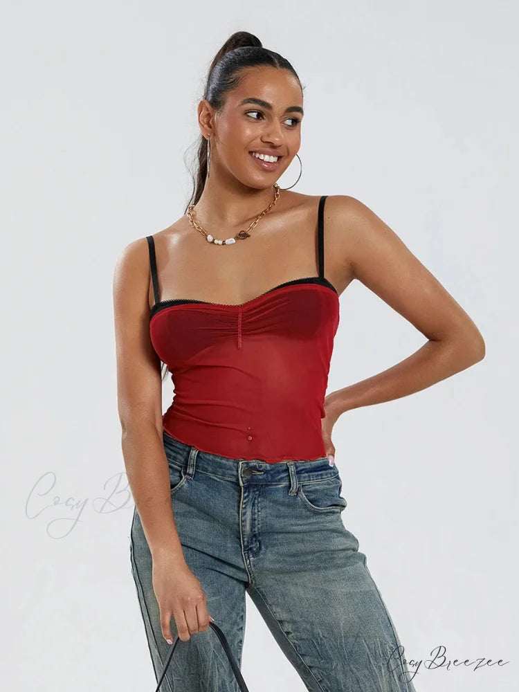 Mesh Ruched Color Block Spaghetti Strap Crop Top RED / S croptop-250126