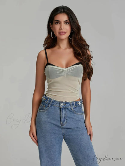 Mesh Ruched Color Block Spaghetti Strap Crop Top WHITE1 / S croptop-250126