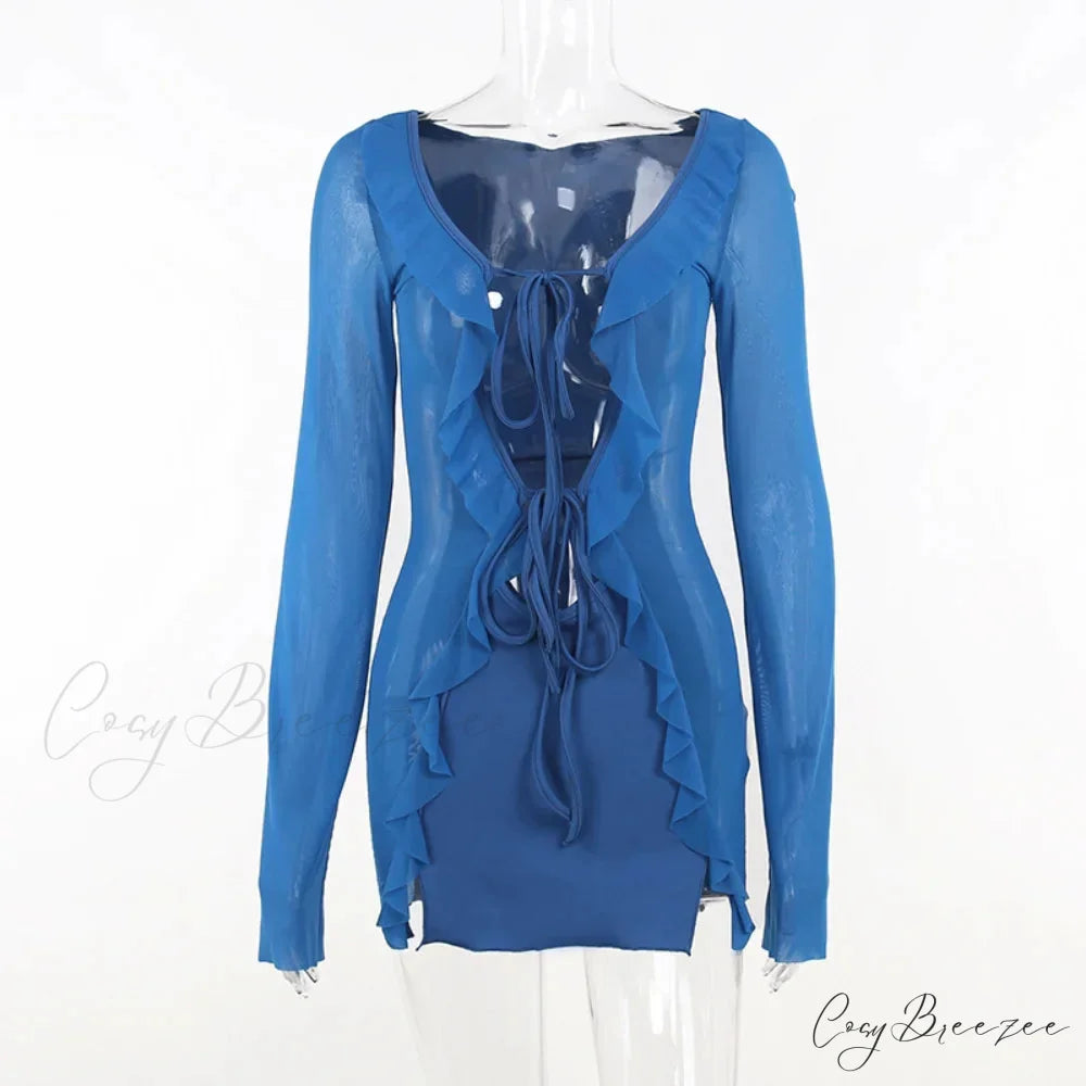 Mesh Ruffle Bodycon Bandage Long Sleeve Mini Dress