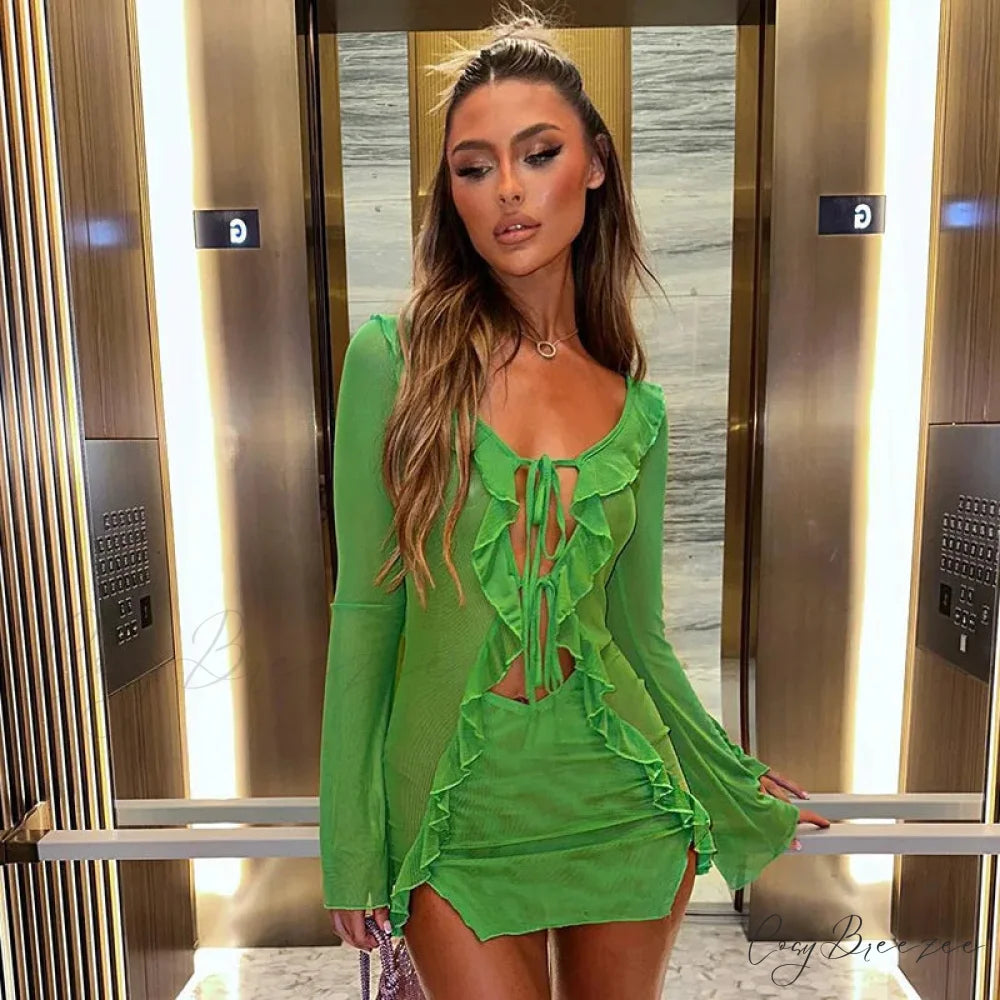 Mesh Ruffle Bodycon Bandage Long Sleeve Mini Dress Green / S
