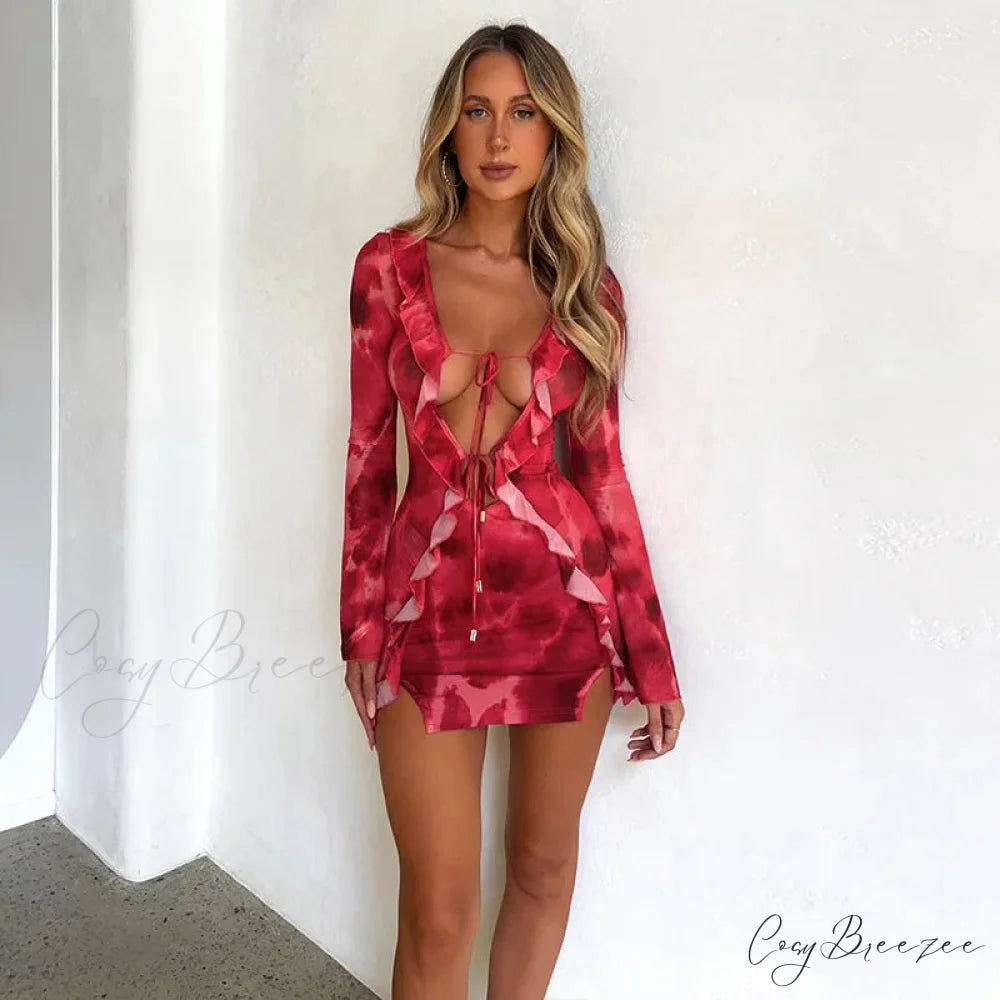 Mesh Ruffle Bodycon Bandage Long Sleeve Mini Dress Red / S
