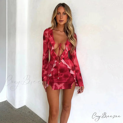 Mesh Ruffle Bodycon Bandage Long Sleeve Mini Dress Red / S