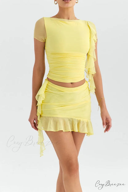 Mesh Ruffle Short Sleeve Graceful Top And Mini Skirt Set