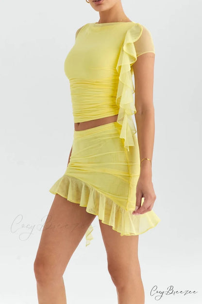 Mesh Ruffle Short Sleeve Graceful Top And Mini Skirt Set