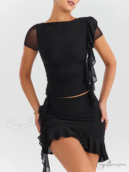 Mesh Ruffle Short Sleeve Graceful Top And Mini Skirt Set Black / S