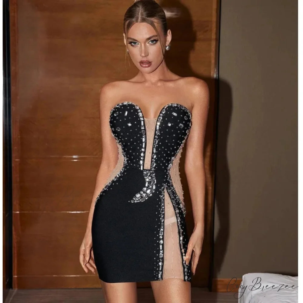 Mesh See-Through Black Mini Party Dress Black / S