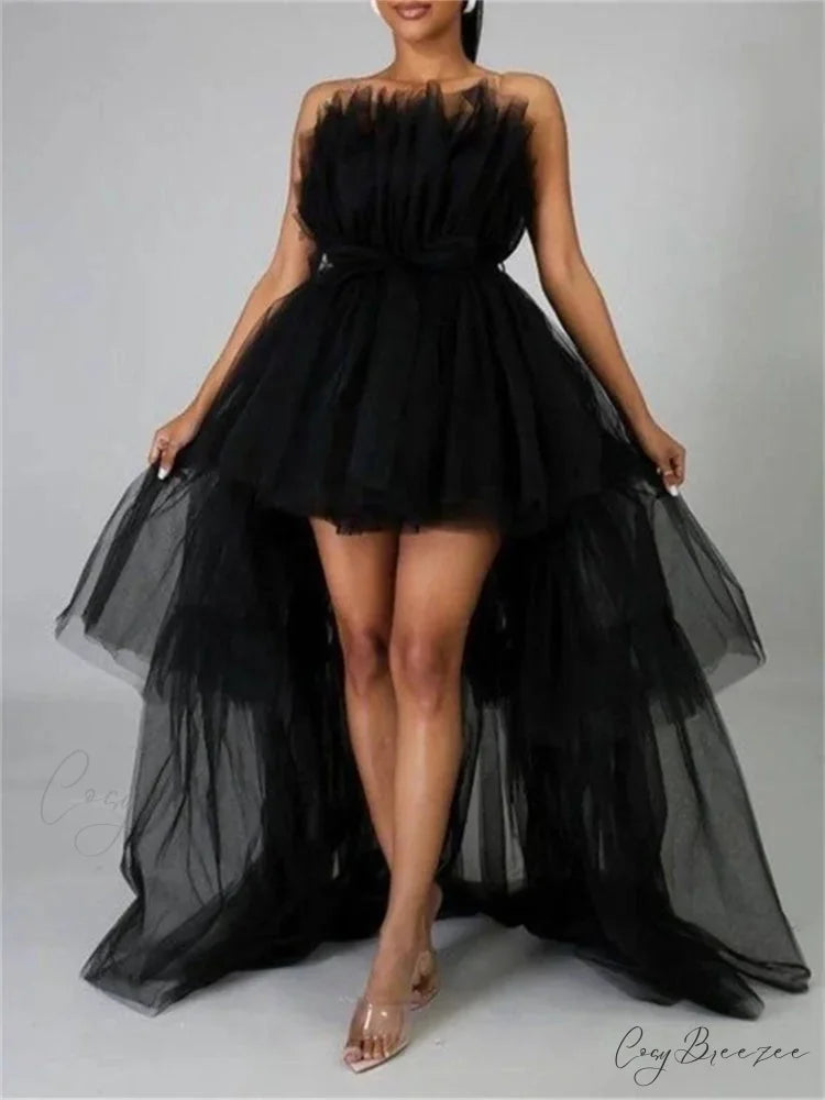 Mesh Sheer Elegant Women Formal Ball Gown Strapless Off Shoulder High Waist Asymmetrical Hem Tulle Black / S
