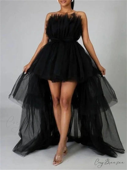 Mesh Sheer Elegant Women Formal Ball Gown Strapless Off Shoulder High Waist Asymmetrical Hem Tulle Black / S