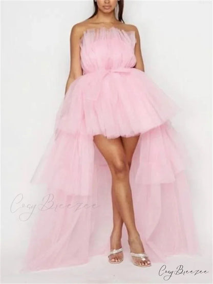 Mesh Sheer Elegant Women Formal Ball Gown Strapless Off Shoulder High Waist Asymmetrical Hem Tulle Pink / S