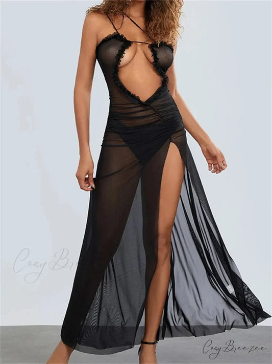 Mesh Sheer See Through for Women Sexy Sleeveless Strap Ruffle Deep V-neck High Split Beach Cover Ups BLACK / S