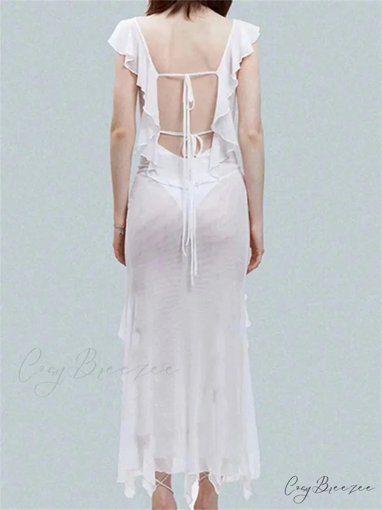 Mesh Sheer See Through Summer Beach Cover Ups for Women Sleeveless Backless Ruffles Split Tassels Vestidos