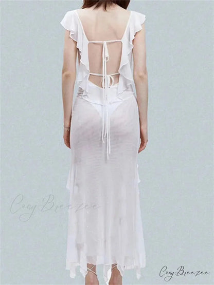 Mesh Sheer See Through Summer Beach Cover Ups for Women Sleeveless Backless Ruffles Split Tassels Vestidos