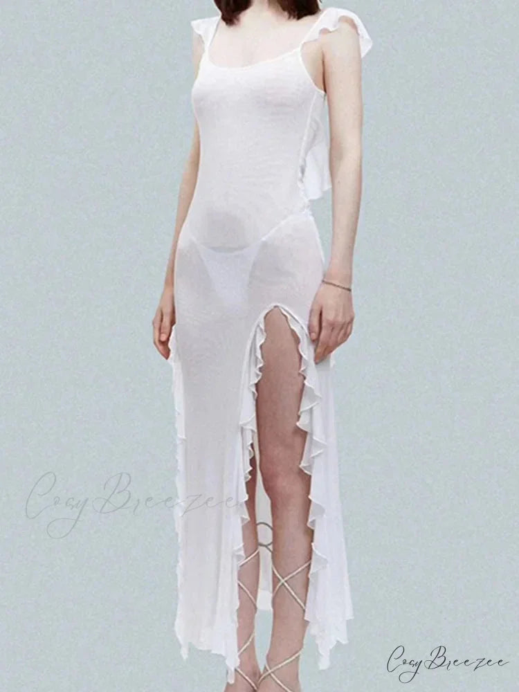 Mesh Sheer See Through Summer Beach Cover Ups for Women Sleeveless Backless Ruffles Split Tassels Vestidos