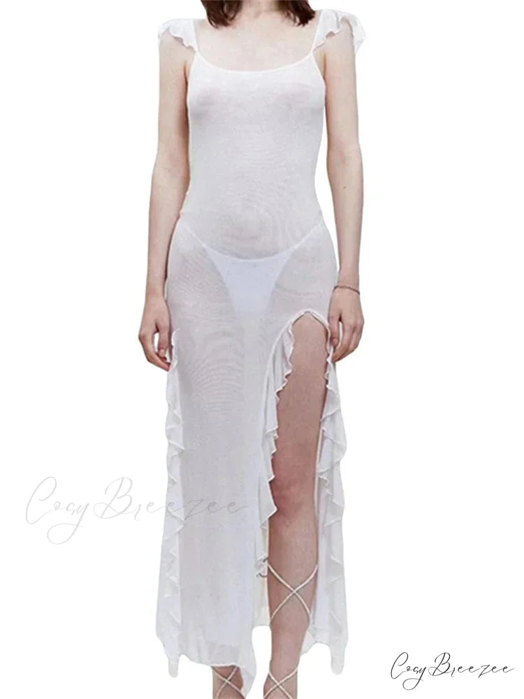 Mesh Sheer See Through Summer Beach Cover Ups for Women Sleeveless Backless Ruffles Split Tassels Vestidos