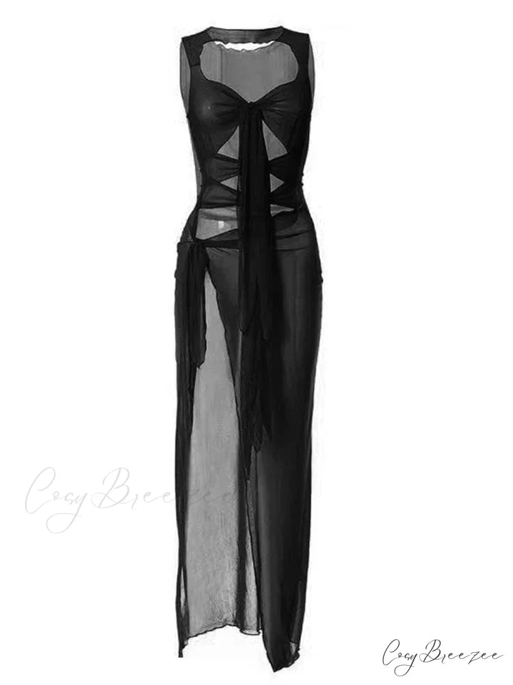 Mesh Sheer See Through Summer for Women Beach Party Clubwear Sleeveless Hollow Out Female Vestidos