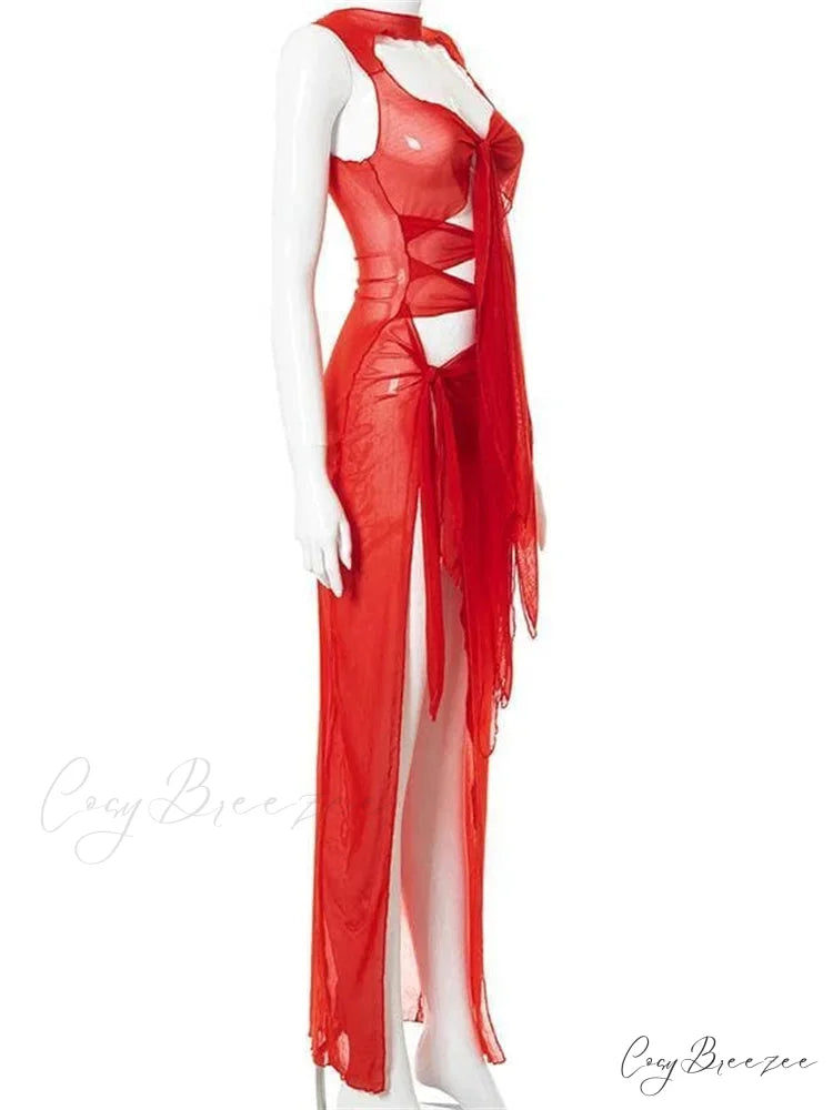 Mesh Sheer See Through Summer for Women Beach Party Clubwear Sleeveless Hollow Out Female Vestidos