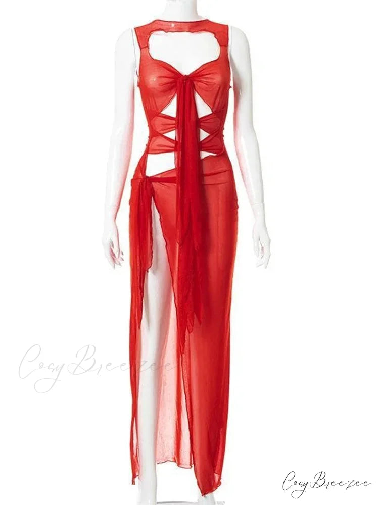 Mesh Sheer See Through Summer for Women Beach Party Clubwear Sleeveless Hollow Out Female Vestidos Red / S