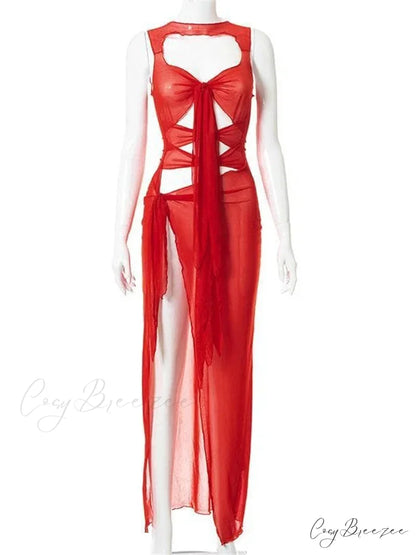 Mesh Sheer See Through Summer for Women Beach Party Clubwear Sleeveless Hollow Out Female Vestidos Red / S