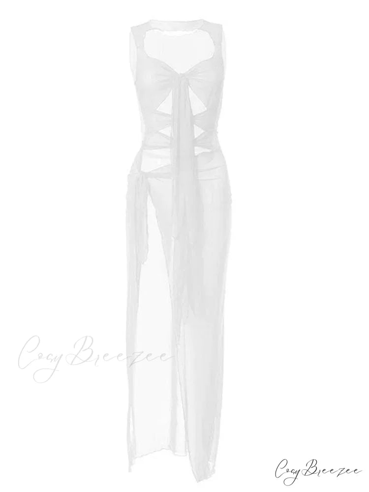 Mesh Sheer See Through Summer for Women Beach Party Clubwear Sleeveless Hollow Out Female Vestidos WHITE / S