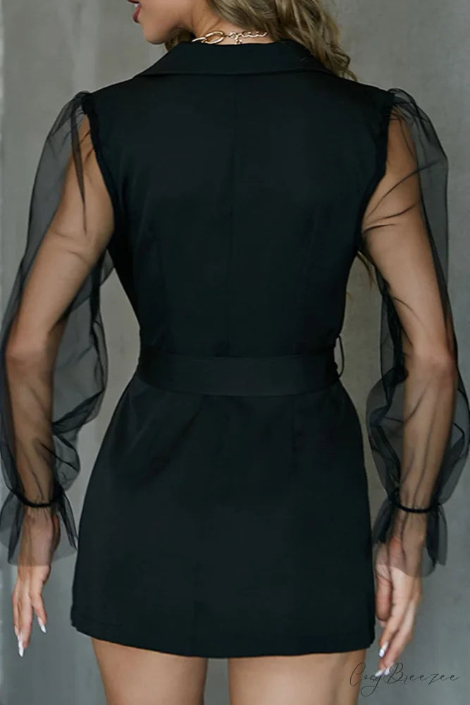 Mesh Sleeves Blazer Dress with Double-breasted Belt Black / L