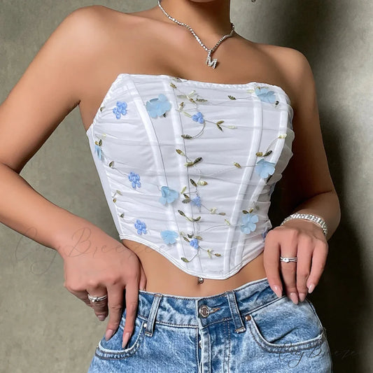 Mesh Street Fashion Fishbone Floral Crop Top Blue / XS croptop-250126