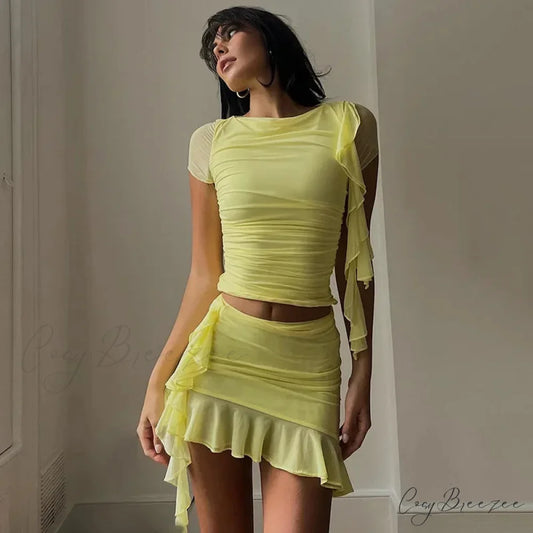 Mesh Through Ruffle Fringe Bodycon Mini Dress Yellow / S