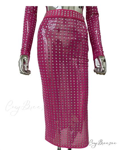 Mesh Top Skirt Sparkling Party Dress Rose Red Skirt / S