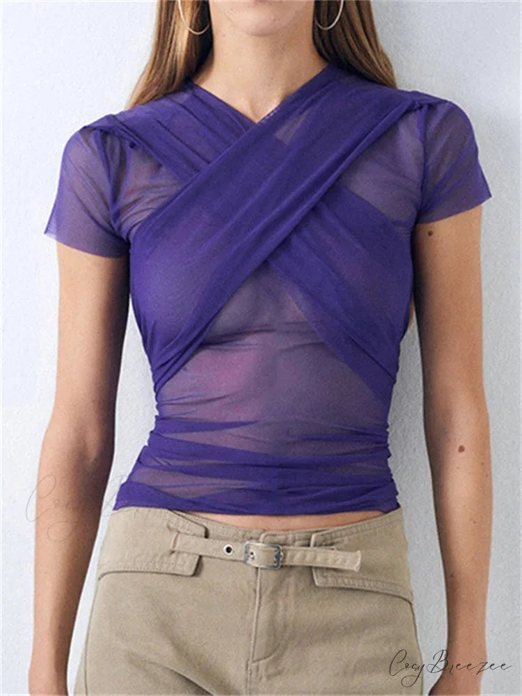 Mesh Transparent Criss-cross Crop Top PURPLE / S croptop-250126