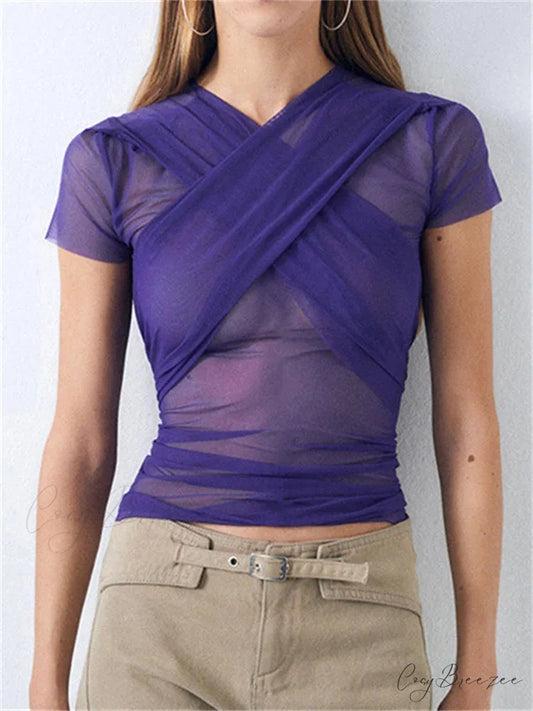 Mesh Transparent Criss-cross Crop Top PURPLE / S croptop-250126