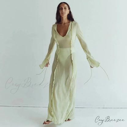 Mesh Transparent Flare Sleeve Cover-Ups Maxi Dress
