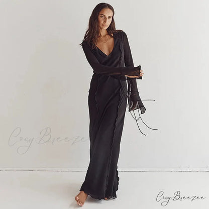Mesh Transparent Flare Sleeve Cover-Ups Maxi Dress Black / S
